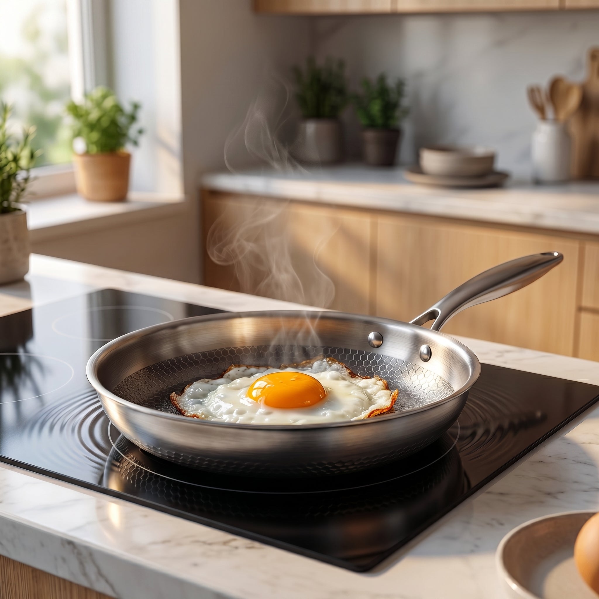 Lifestyle shot – titanium frying pan in kitchen setting – Longwell & Co