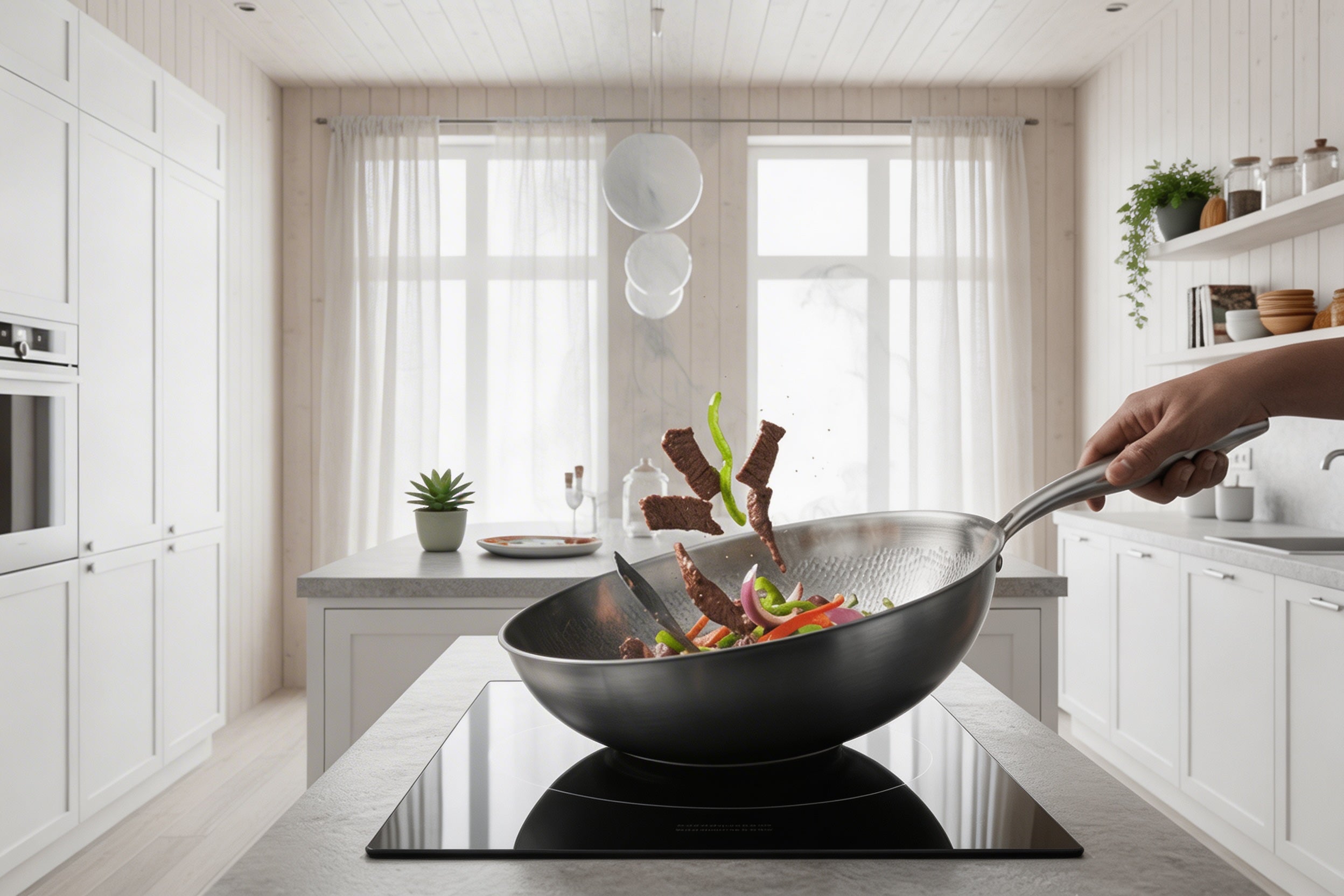 Lifestyle shot – titanium wok pan in kitchen – Longwell & Co