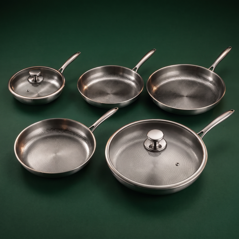 Hand-Hammered Titanium Frying Pan Bundle with 2 Lids (5 Sizes, 8–12 Inch)