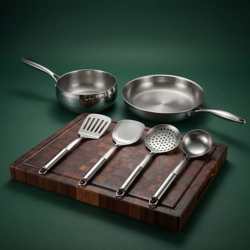 Hand-Hammered Titanium Pan & Sauté Set with Walnut Board and Utensils