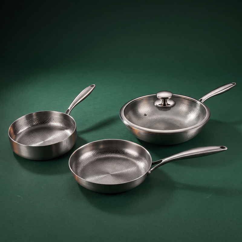 Hand-Hammered Titanium Stir-Fry Set with 1 Lid (8, 8 & 10 Inch)