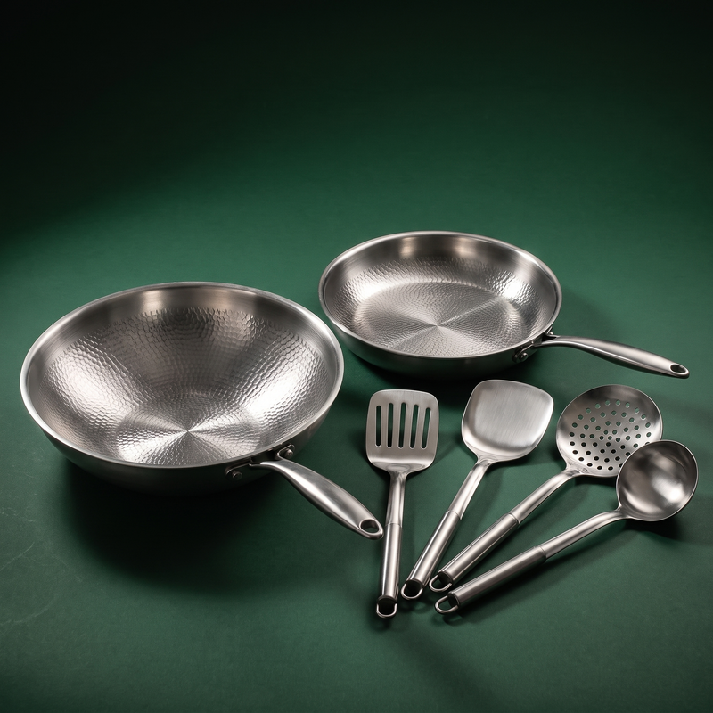 Hand-Hammered Titanium Wok & Fry Pan (10 Inch) with Utensils