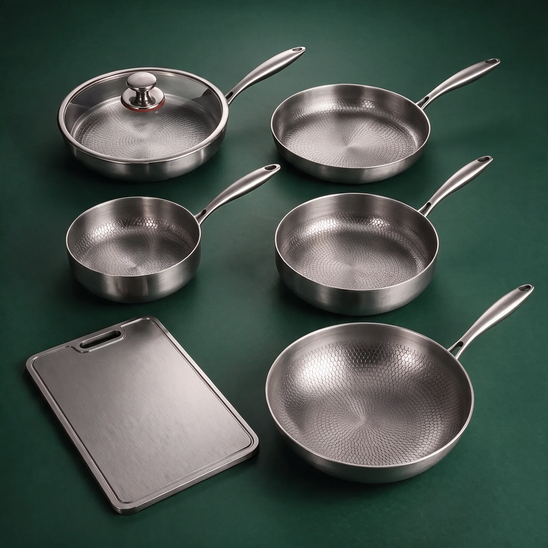 Hand-Hammered Titanium Multi-Pan Cook Set with Cutting Board (5 Pans, 8–10 Inch)