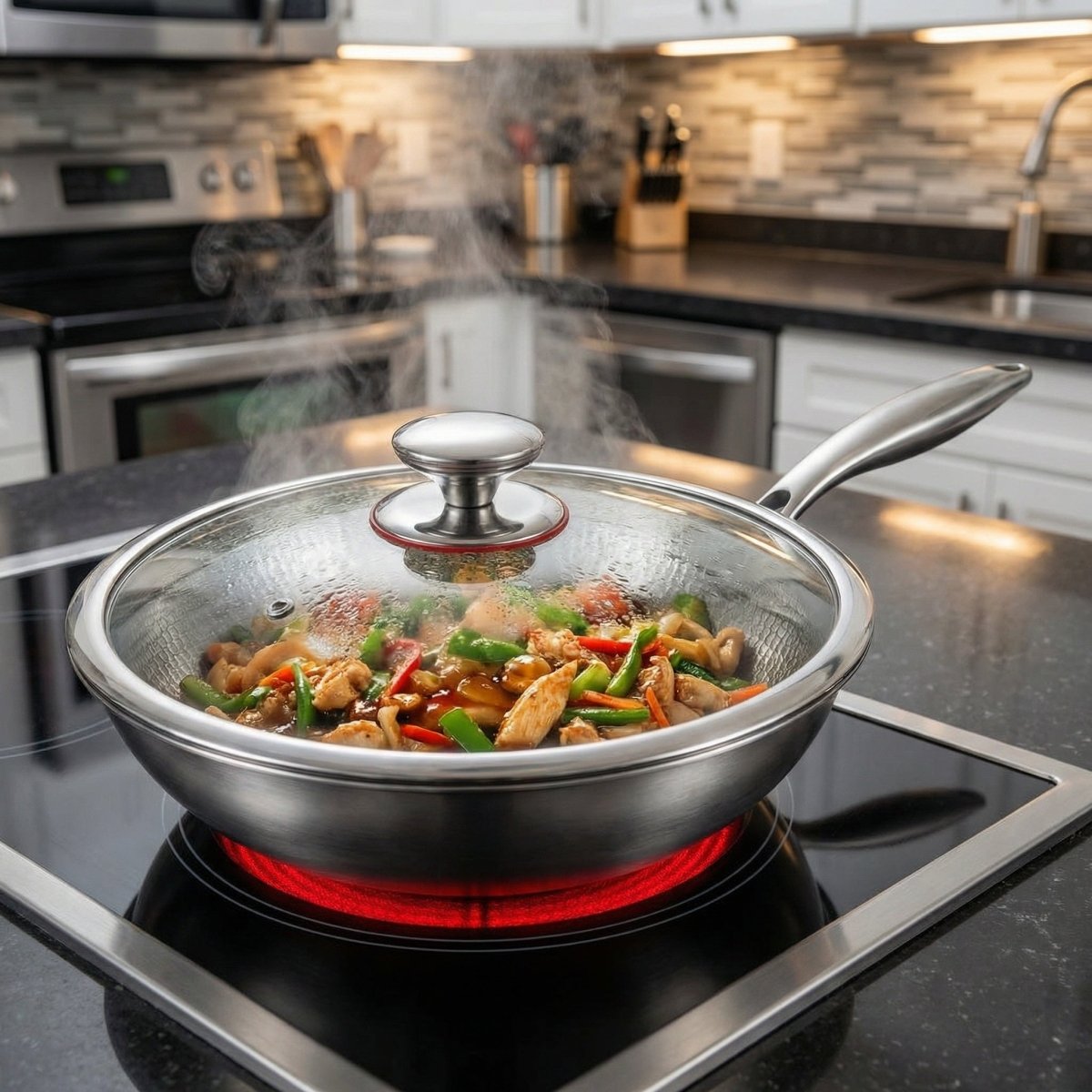 Hand-hammered titanium wok pan angle view – flat base induction compatible – Longwell & Co
