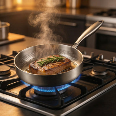 Lifestyle shot – high-wall titanium pan in use – Longwell & Co