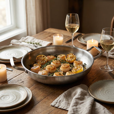 Lifestyle shot – titanium pan with two handles in kitchen – Longwell & Co
