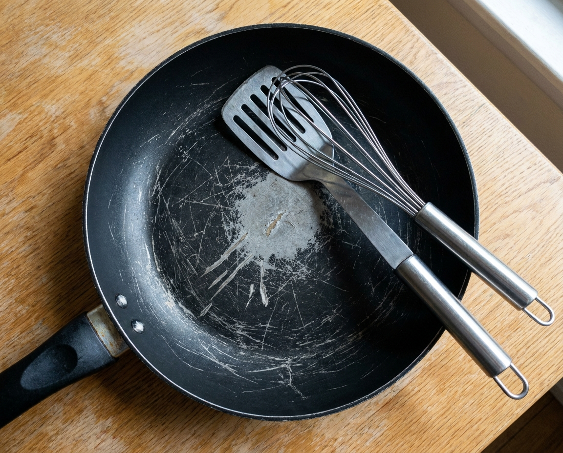 A scratched non-stick pan coating