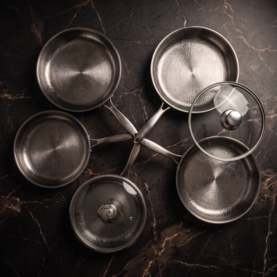 Hand-Hammered Titanium Frying Pan Bundle with 2 Lids (5 Sizes, 8–12 Inch)