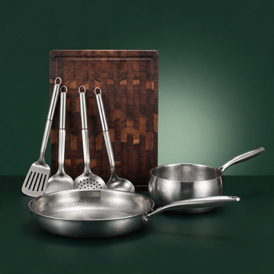 Hand-Hammered Titanium Pan & Sauté Set with Walnut Board and Utensils