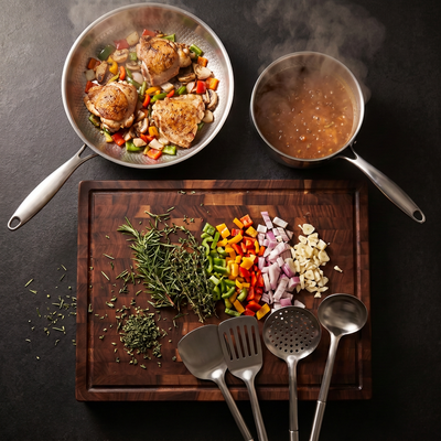 Hand-Hammered Titanium Pan & Sauté Set with Walnut Board and Utensils