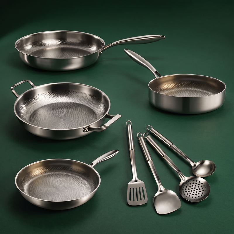 Hand-Hammered Titanium Family Set: 4 Pans & Utensils