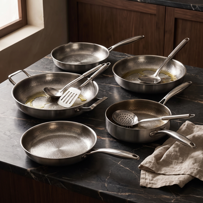 Hand-Hammered Titanium Family Set: 4 Pans & Utensils