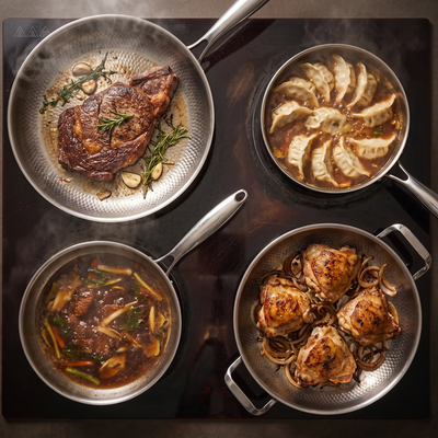 Hand-Hammered Titanium Family Set: 4 Pans & Utensils