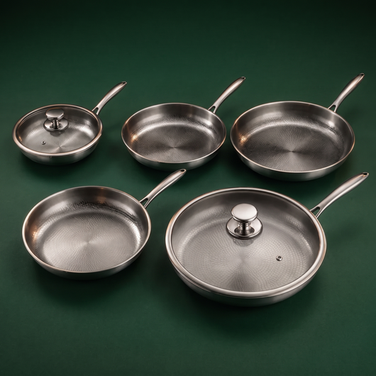 Hand-Hammered Titanium Frying Pan Bundle with 2 Lids (5 Sizes, 8–12 Inch)