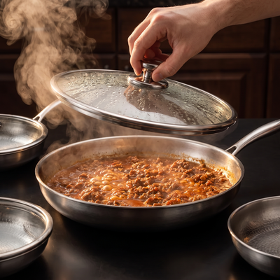 Hand-Hammered Titanium Frying Pan Bundle with 2 Lids (5 Sizes, 8–12 Inch)