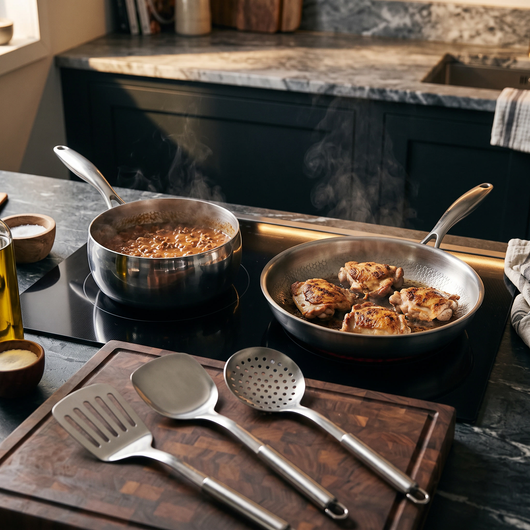 Hand-Hammered Titanium Pan & Sauté Set with Walnut Board and Utensils