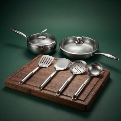 Hand-Hammered Titanium Pan & Sauté Set with Walnut Board and Utensils