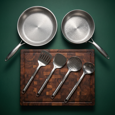 Hand-Hammered Titanium Pan & Sauté Set with Walnut Board and Utensils