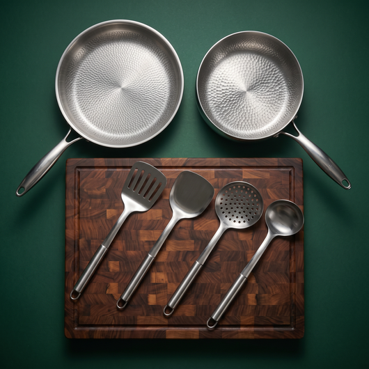 Hand-Hammered Titanium Pan & Sauté Set with Walnut Board and Utensils