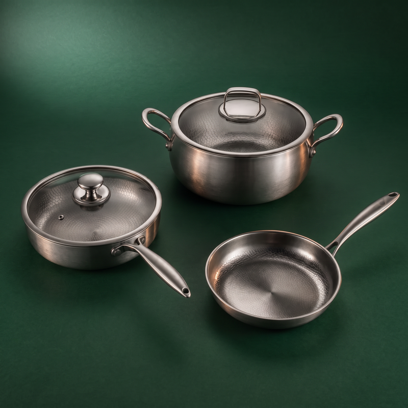 Hand-Hammered Titanium Premium Cooking Set with 2 Lids (8, 9 & 10 Inch)