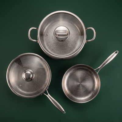 Hand-Hammered Titanium Premium Cooking Set with 2 Lids (8, 9 & 10 Inch)