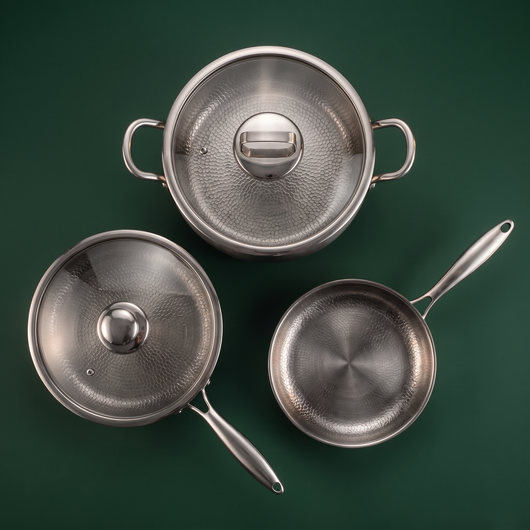 Hand-Hammered Titanium Premium Cooking Set with 2 Lids (8, 9 & 10 Inch)