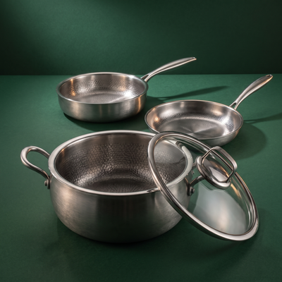 Hand-Hammered Titanium Premium Cooking Set with 2 Lids (8, 9 & 10 Inch)