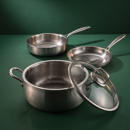 Hand-Hammered Titanium Premium Cooking Set with 2 Lids (8, 9 & 10 Inch)