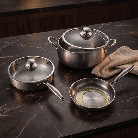 Hand-Hammered Titanium Premium Cooking Set with 2 Lids (8, 9 & 10 Inch)