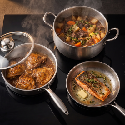 Hand-Hammered Titanium Premium Cooking Set with 2 Lids (8, 9 & 10 Inch)
