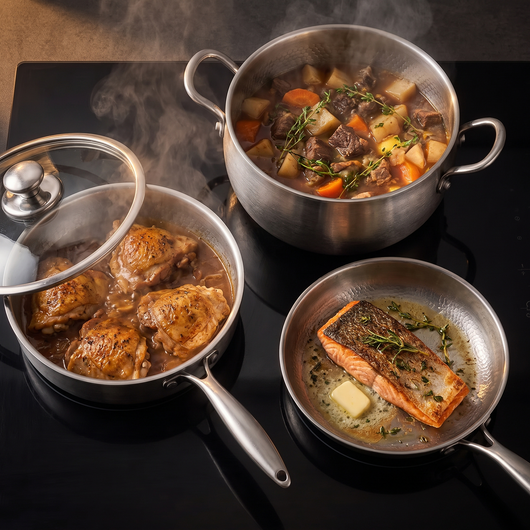 Hand-Hammered Titanium Premium Cooking Set with 2 Lids (8, 9 & 10 Inch)