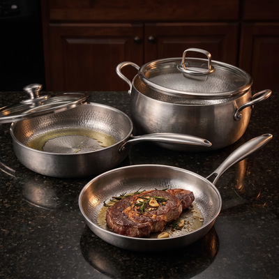 Hand-Hammered Titanium Premium Cooking Set with 2 Lids (8, 9 & 10 Inch)