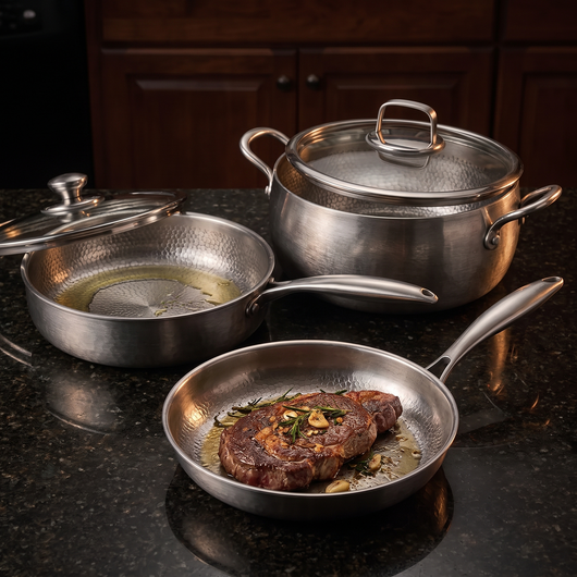 Hand-Hammered Titanium Premium Cooking Set with 2 Lids (8, 9 & 10 Inch)