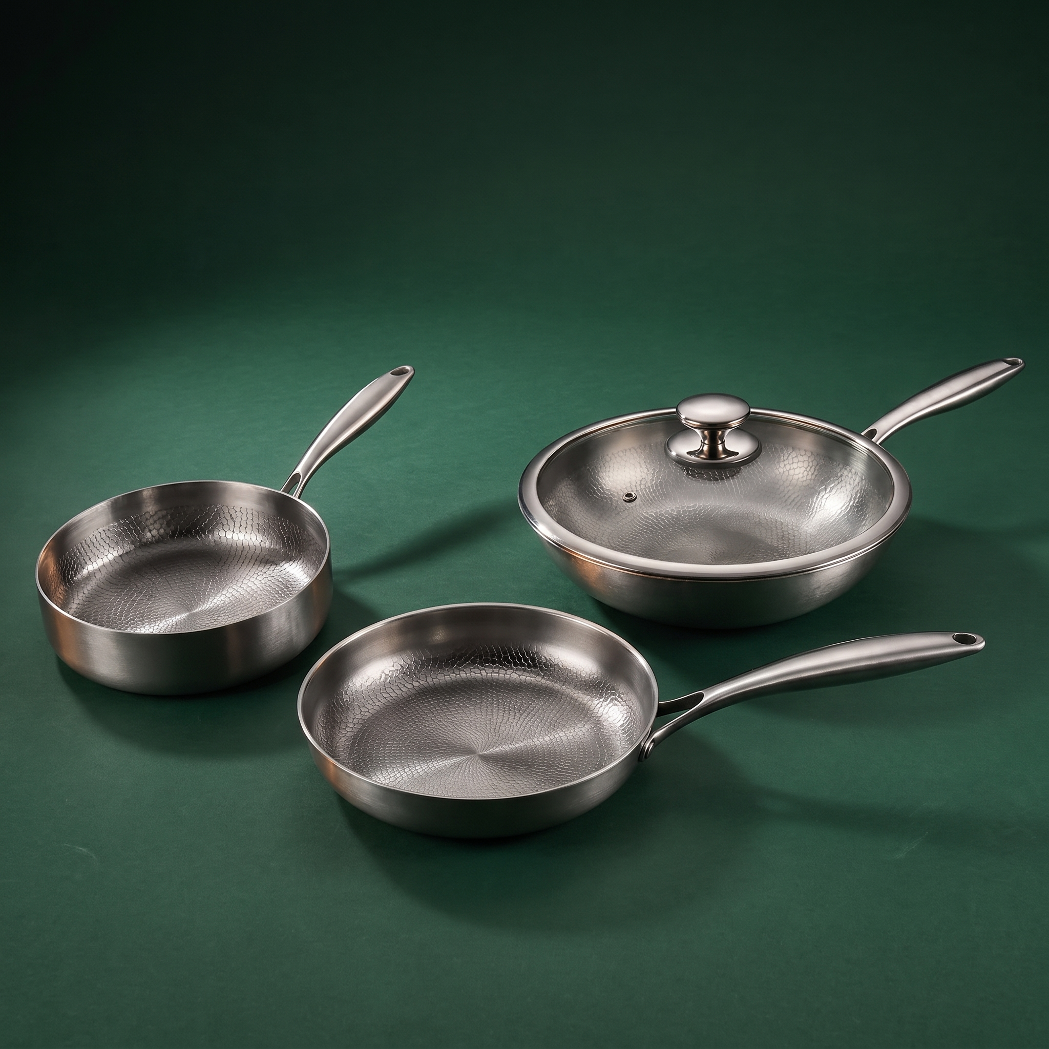 Hand-Hammered Titanium Stir-Fry Set with 1 Lid (8, 8 & 10 Inch)
