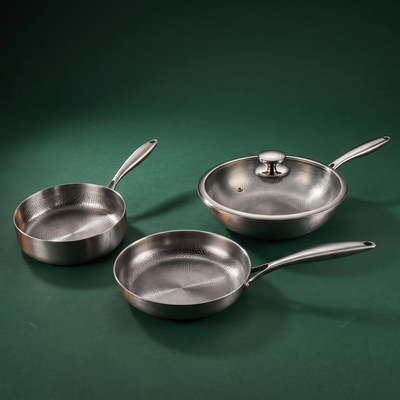 Hand-Hammered Titanium Stir-Fry Set with 1 Lid (8, 8 & 10 Inch)