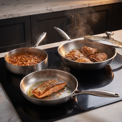 Hand-Hammered Titanium Stir-Fry Set with 1 Lid (8, 8 & 10 Inch)