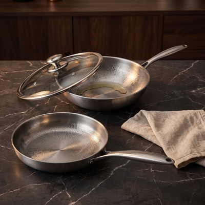 Hand-Hammered Titanium Stir-Fry Set with 1 Lid (8, 8 & 10 Inch)