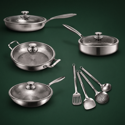 Hand-Hammered Titanium Family Set: 4 Pans & Utensils