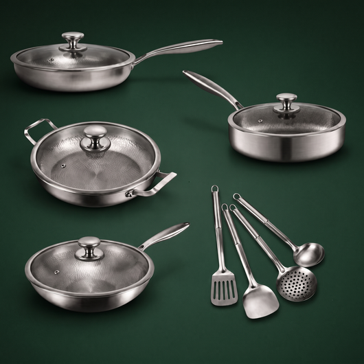 Hand-Hammered Titanium Family Set: 4 Pans & Utensils