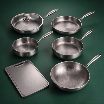 Hand-Hammered Titanium Multi-Pan Cook Set with Cutting Board (5 Pans, 8–10 Inch)