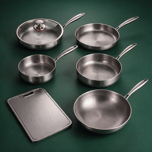 Hand-Hammered Titanium Multi-Pan Cook Set with Cutting Board (5 Pans, 8–10 Inch)