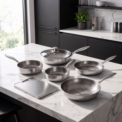 Hand-Hammered Titanium Multi-Pan Cook Set with Cutting Board (5 Pans, 8–10 Inch)