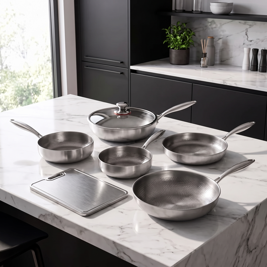 Hand-Hammered Titanium Multi-Pan Cook Set with Cutting Board (5 Pans, 8–10 Inch)