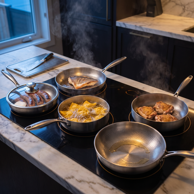 Hand-Hammered Titanium Multi-Pan Cook Set with Cutting Board (5 Pans, 8–10 Inch)