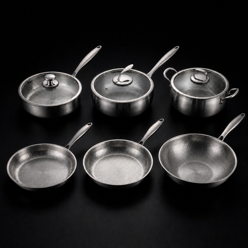 Hand-Hammered Titanium Complete Kitchen Set with 3 Lids (10, 11 & 12 Inch)